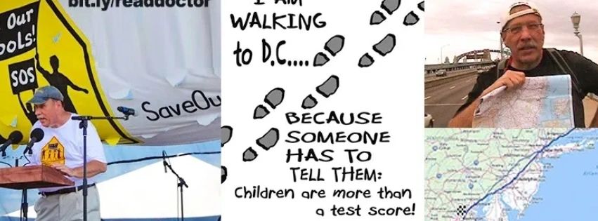 Composite activism images: Jesse Turner speaking at rally, hand-drawn sign about walking to D.C. for children